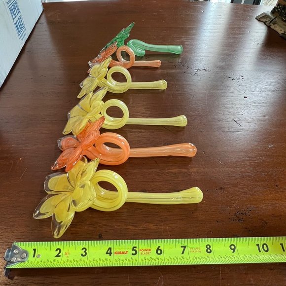 Murano Italian Glass Flower Napkin Ring Set of 6 Holders Yellow Orange & Green - Picture 13 of 15